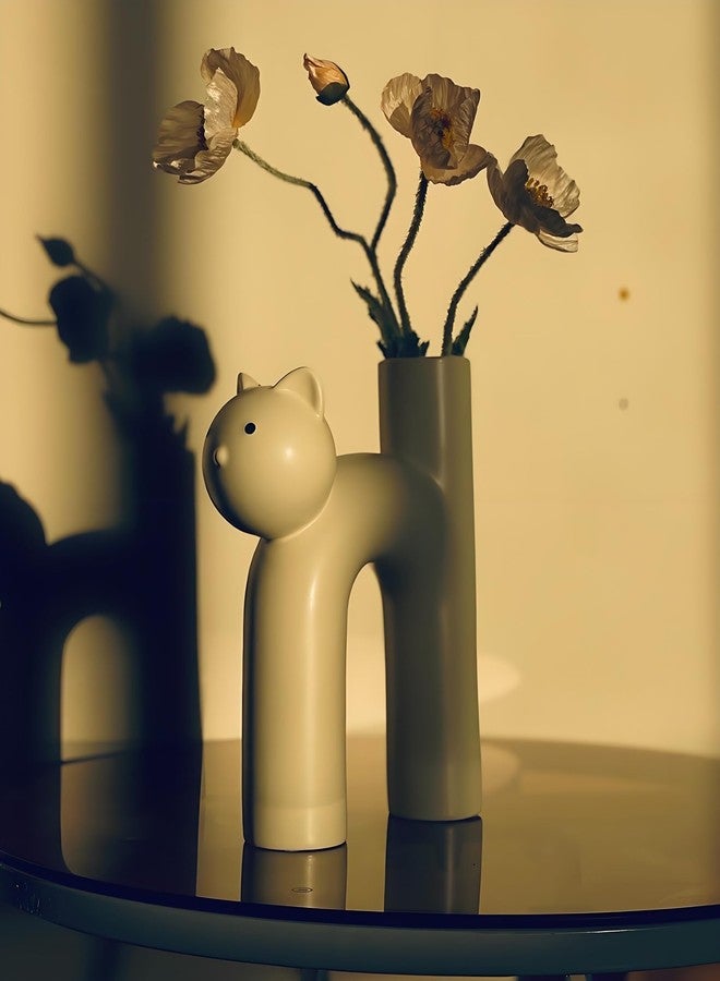 GeLive Cat Ceramic Vase Kitty Bud Vase Waterproof Flower Vase Plant Holder, Handmade Artistic Table Centerpieces Home Decor for Cat Lovers, Unique Gift Idea (Cream White) - Image 3
